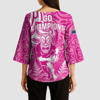 New Zealand Silver Fern Rugby All Pink Kimono Sleeve Blouse Maori Tiki Player With Ta Moko Tribal - Polynesian Pride