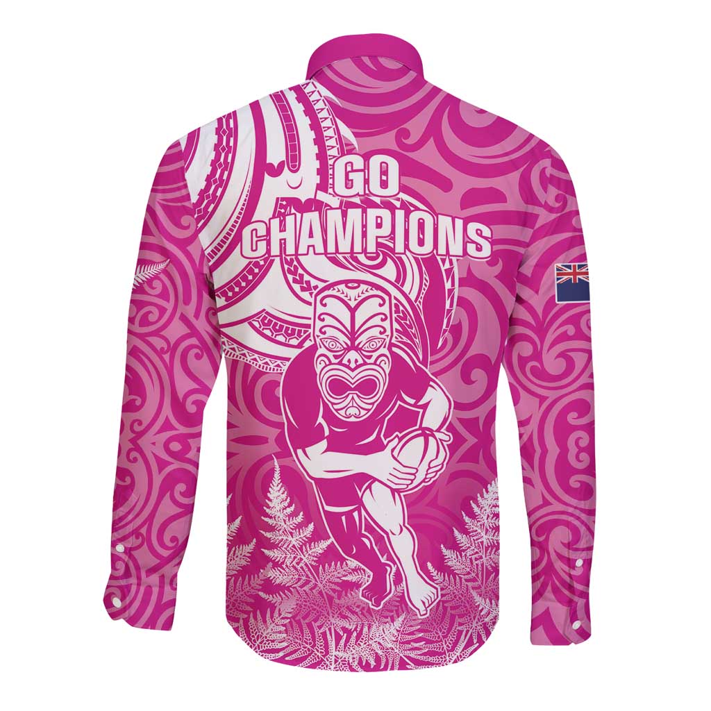 New Zealand Silver Fern Rugby All Pink Long Sleeve Button Shirt Maori Tiki Player With Ta Moko Tribal - Polynesian Pride