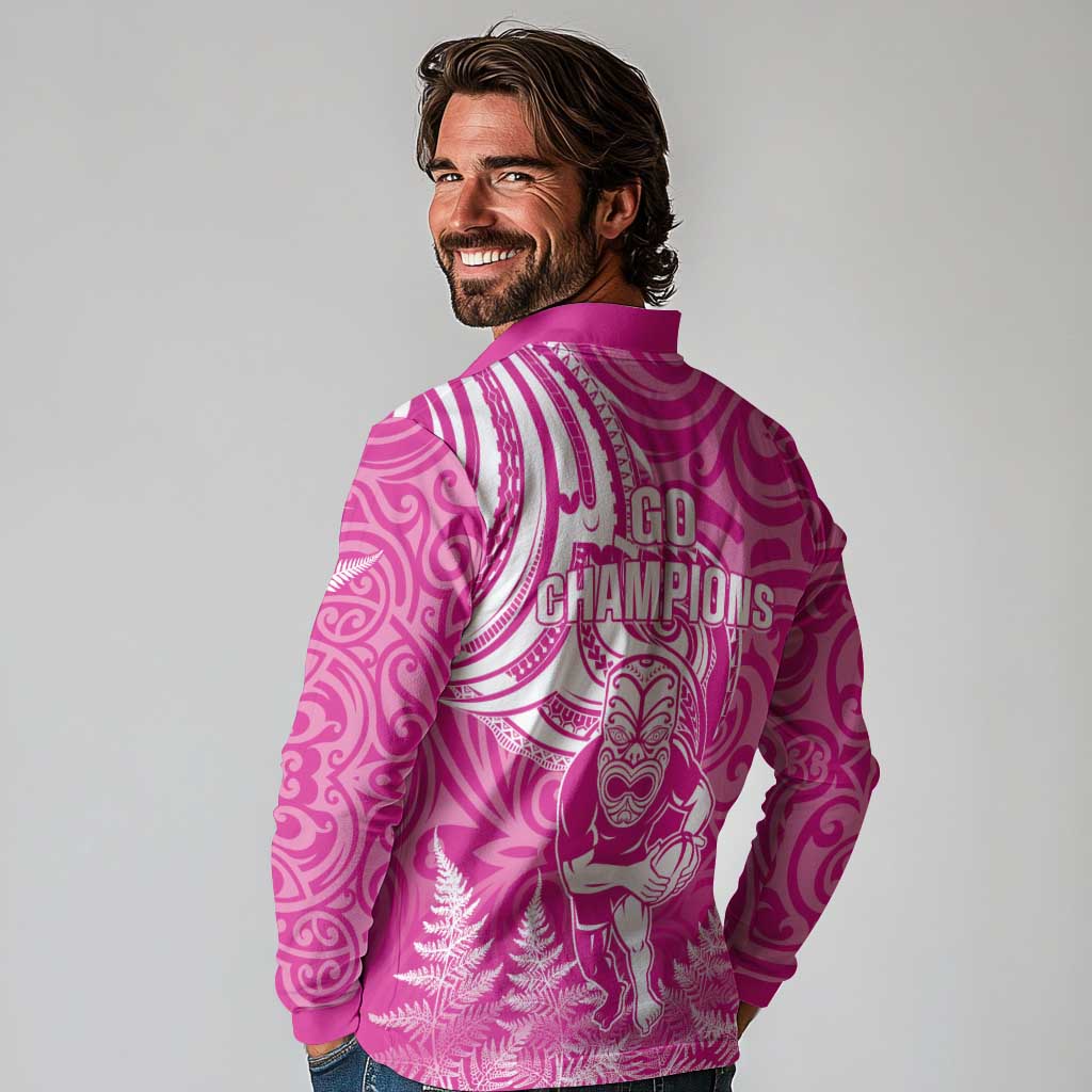 New Zealand Silver Fern Rugby All Pink Long Sleeve Polo Shirt Maori Tiki Player With Ta Moko Tribal - Polynesian Pride
