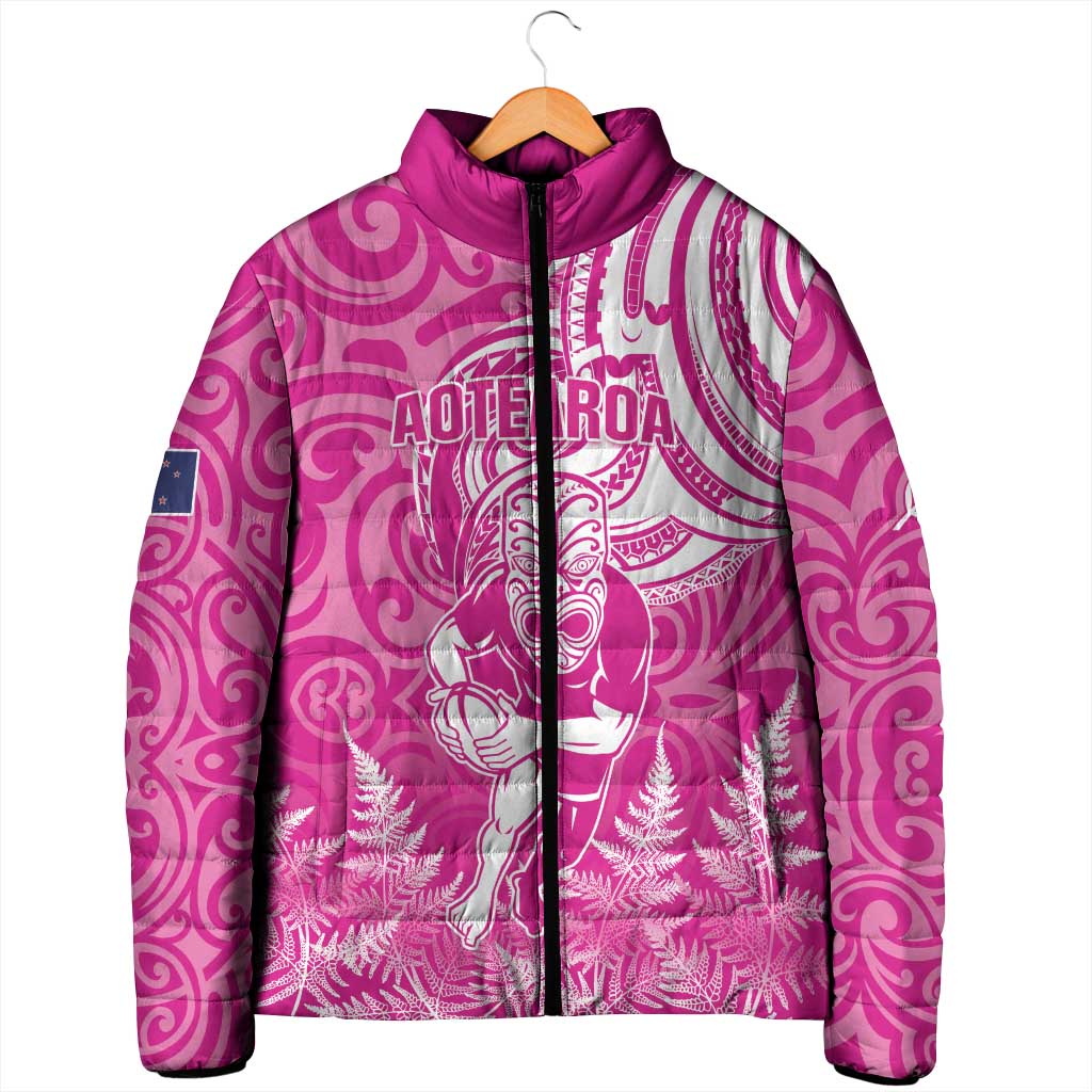 New Zealand Silver Fern Rugby All Pink Padded Jacket Maori Tiki Player With Ta Moko Tribal - Polynesian Pride