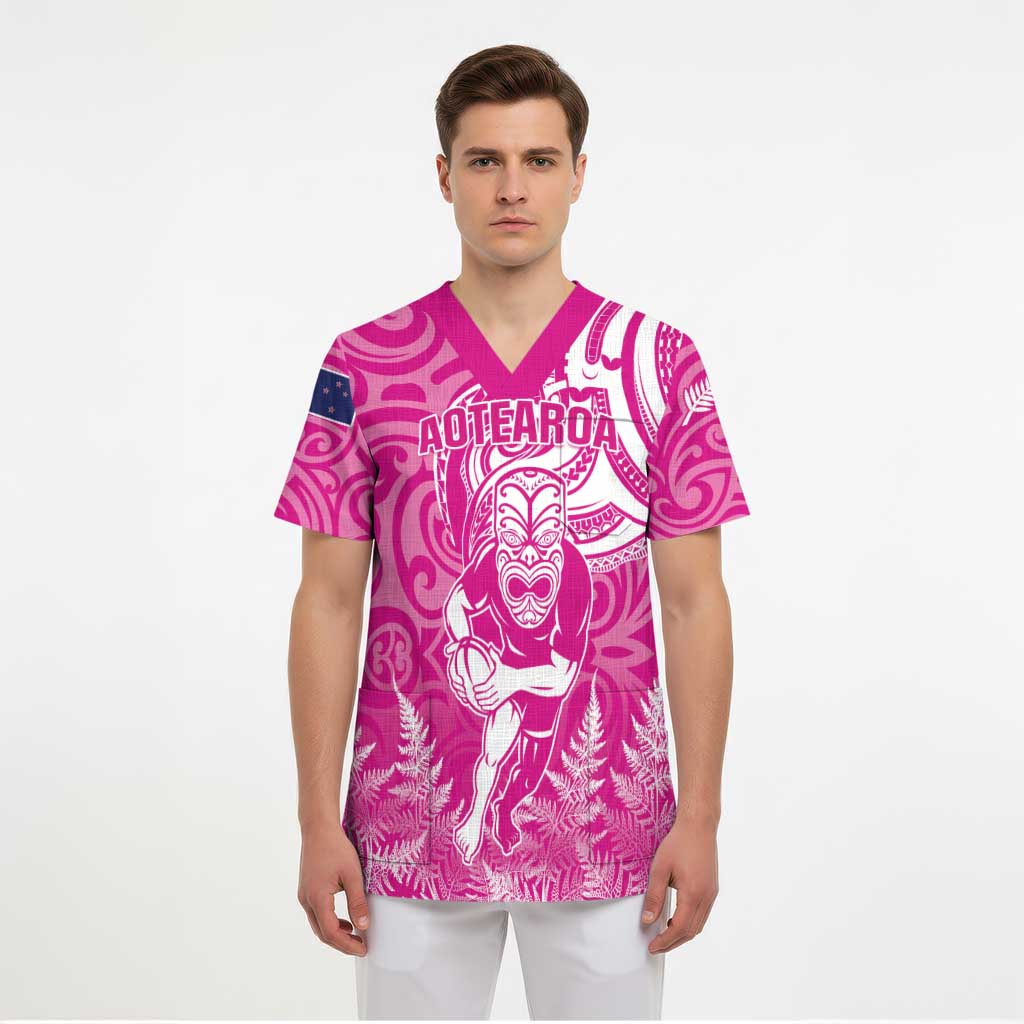 New Zealand Silver Fern Rugby All Pink Scrub Top Maori Tiki Player With Ta Moko Tribal - Polynesian Pride