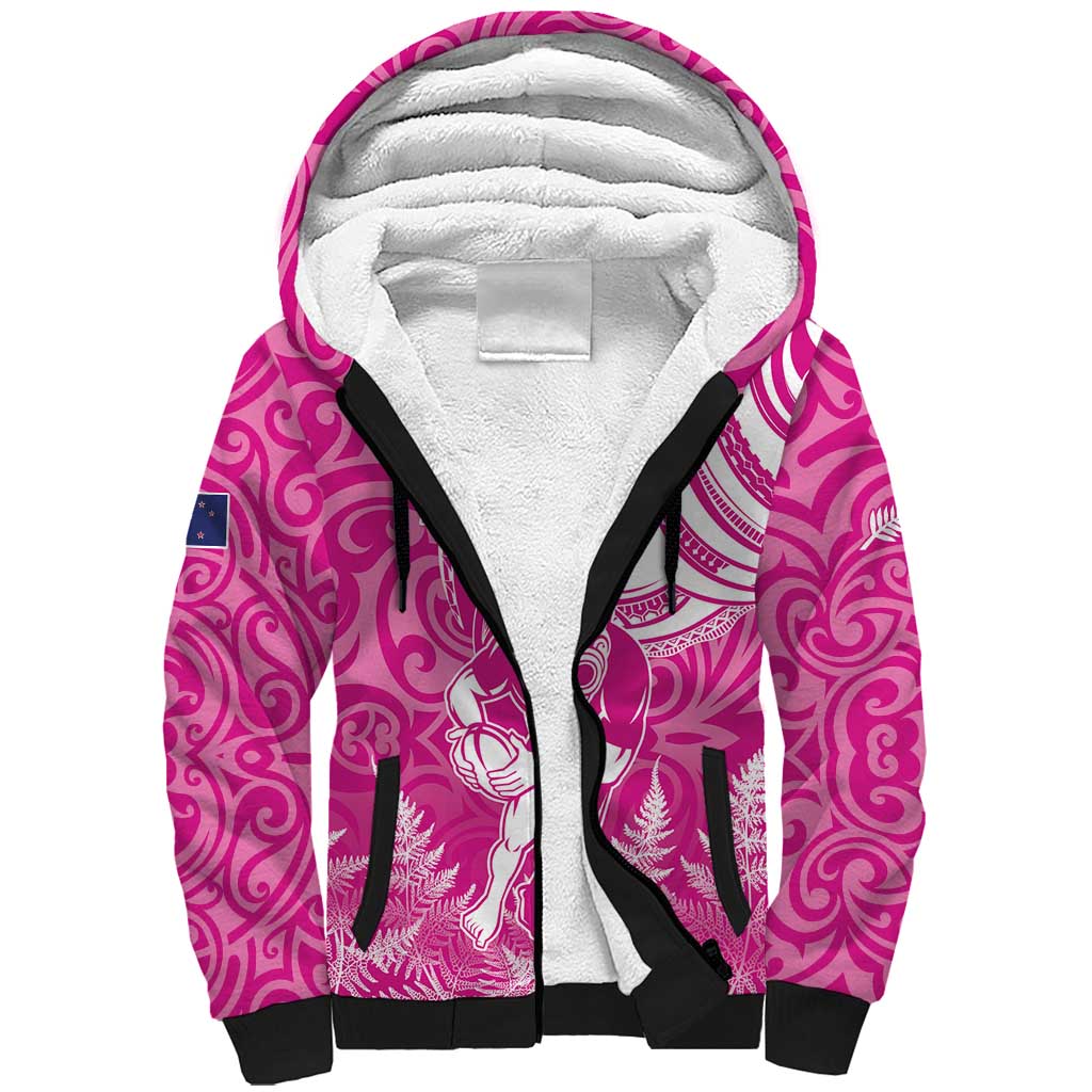 New Zealand Silver Fern Rugby All Pink Sherpa Hoodie Maori Tiki Player With Ta Moko Tribal LT01 Unisex Pink - Polynesian Pride