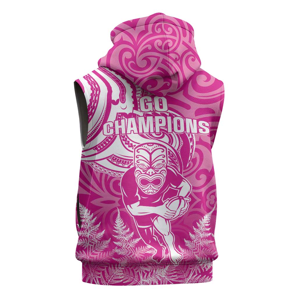 New Zealand Silver Fern Rugby All Pink Sleeveless Zip Hoodie Maori Tiki Player With Ta Moko Tribal LT01 - Polynesian Pride