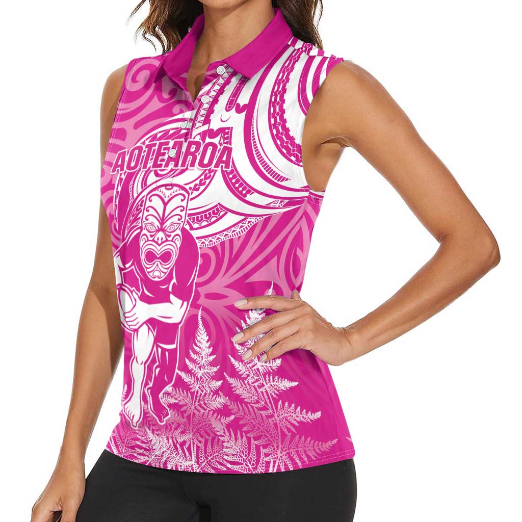 New Zealand Silver Fern Rugby All Pink Women Sleeveless Polo Shirt Maori Tiki Player With Ta Moko Tribal - Polynesian Pride