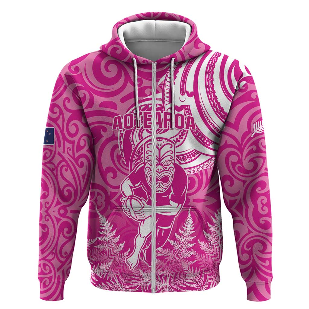 New Zealand Silver Fern Rugby All Pink Zip Hoodie Maori Tiki Player With Ta Moko Tribal LT01 Zip Hoodie Pink - Polynesian Pride