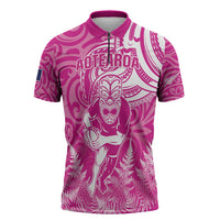 New Zealand Silver Fern Rugby All Pink Zipper Polo Shirt Maori Tiki Player With Ta Moko Tribal - Polynesian Pride