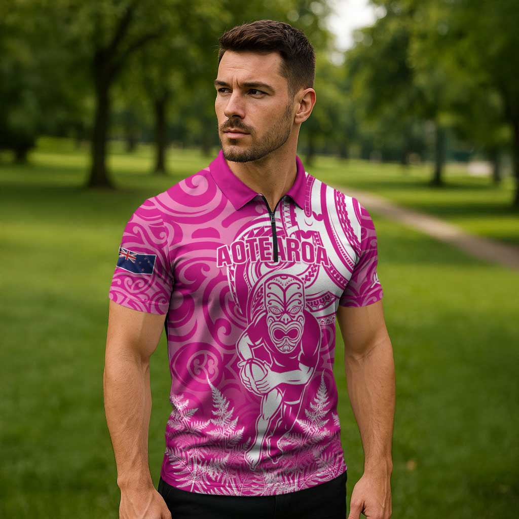 New Zealand Silver Fern Rugby All Pink Zipper Polo Shirt Maori Tiki Player With Ta Moko Tribal - Polynesian Pride
