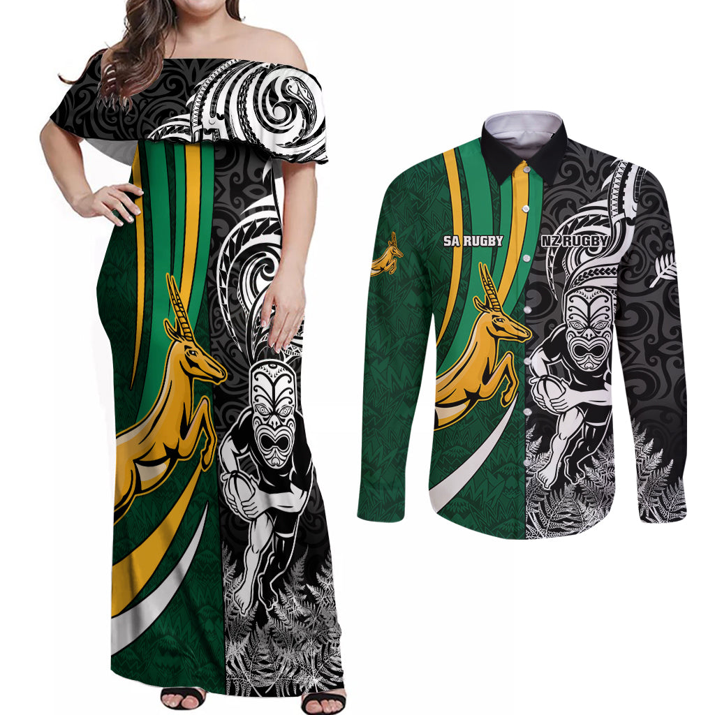 Custom New Zealand and South Africa Rugby Couples Matching Off Shoulder Maxi Dress and Long Sleeve Button Shirt Silver Fern Protea Pattern World Cup 2023 LT01 Art - Polynesian Pride