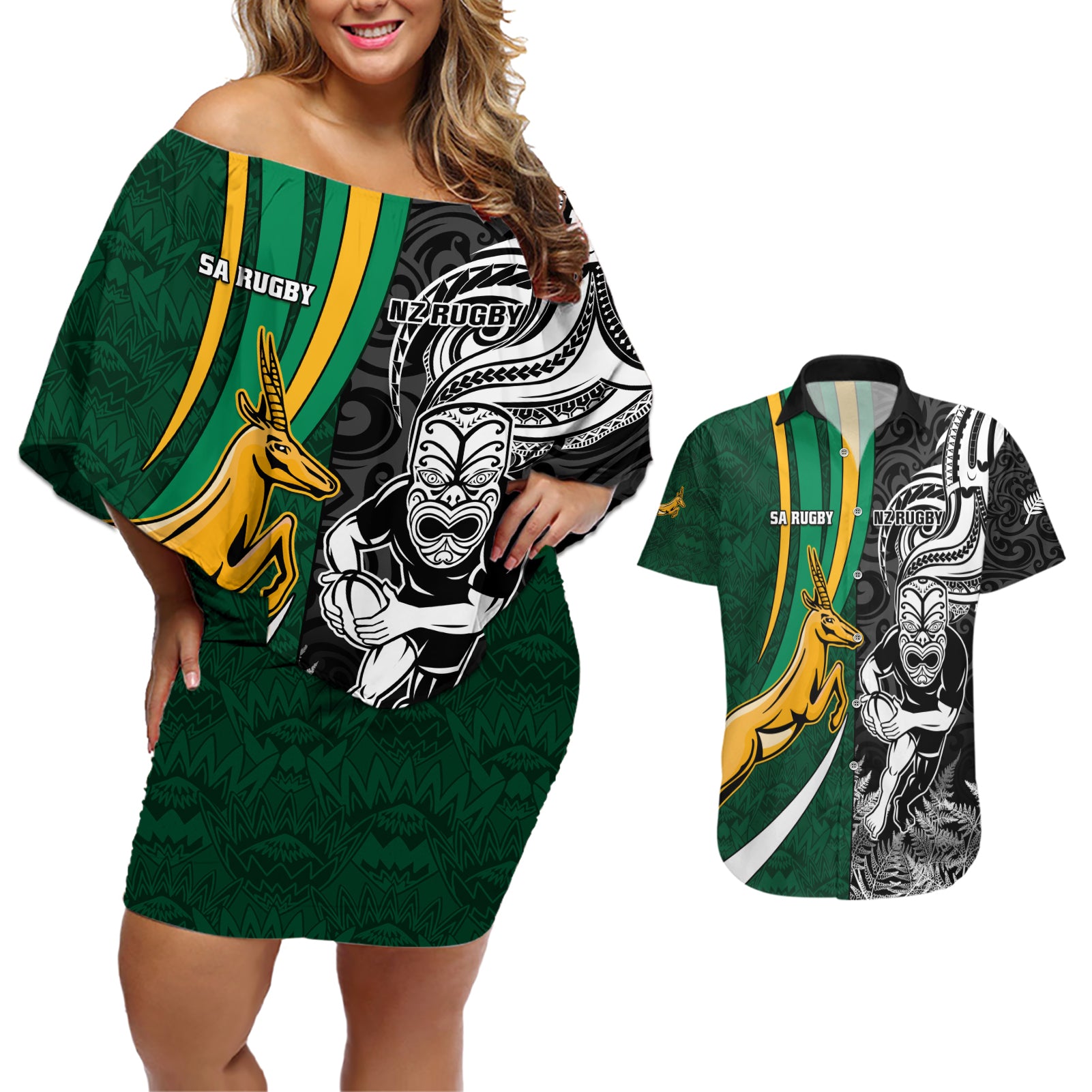 Custom New Zealand and South Africa Rugby Couples Matching Off Shoulder Short Dress and Hawaiian Shirt Silver Fern Protea Pattern World Cup 2023 LT01 Art - Polynesian Pride