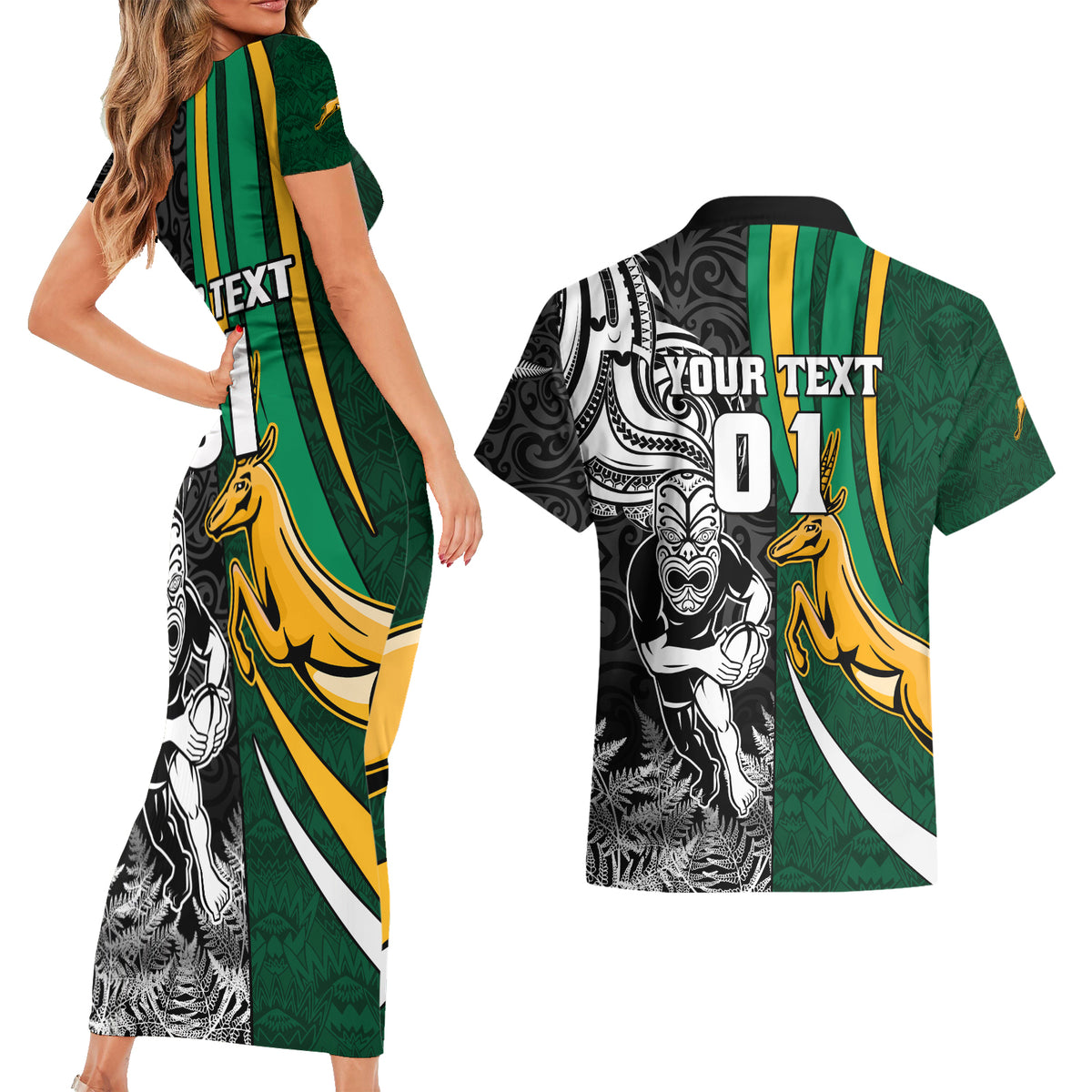 Custom New Zealand and South Africa Rugby Couples Matching Short Sleeve Bodycon Dress and Hawaiian Shirt Silver Fern Protea Pattern World Cup 2023 LT01 - Polynesian Pride