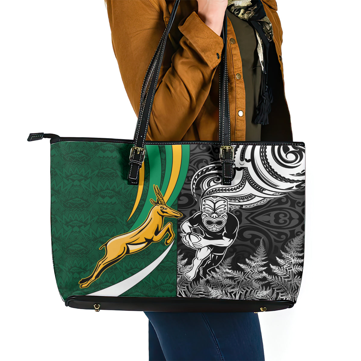 New Zealand and South Africa Rugby Leather Tote Bag Silver Fern Protea Pattern World Cup 2023 LT01 - Polynesian Pride