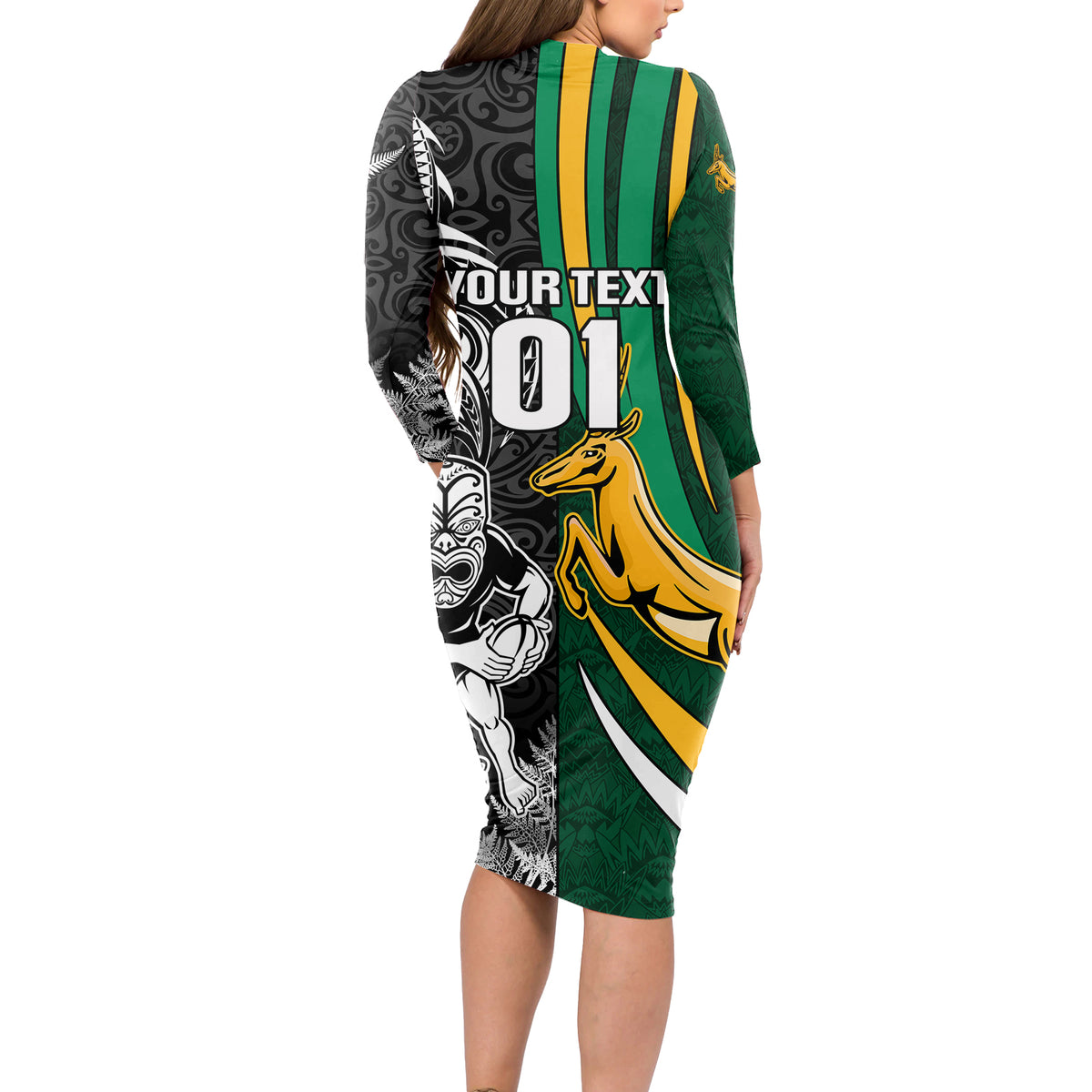 Custom New Zealand and South Africa Rugby Long Sleeve Bodycon Dress Silver Fern Protea Pattern World Cup 2023 LT01 - Polynesian Pride