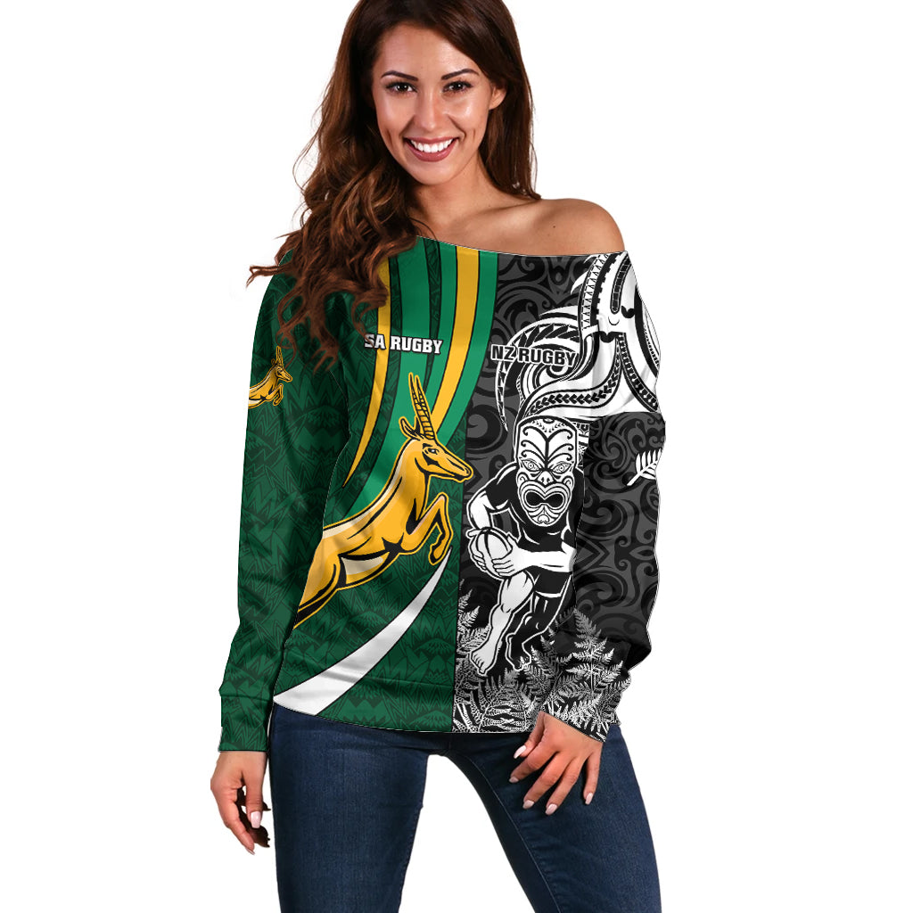 Custom New Zealand and South Africa Rugby Off Shoulder Sweater Silver Fern Protea Pattern World Cup 2023 LT01 Women Art - Polynesian Pride