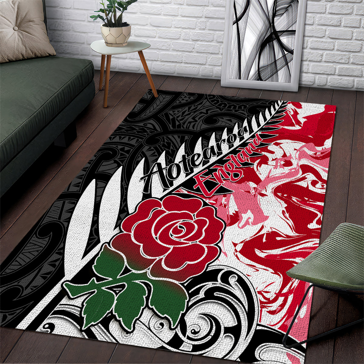 New Zealand and England Rugby Area Rug Silver Fern With Red Rose World Cup 2023 LT01 Art - Polynesian Pride
