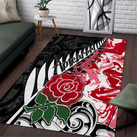 New Zealand and England Rugby Area Rug Silver Fern With Red Rose World Cup 2023 LT01 Art - Polynesian Pride