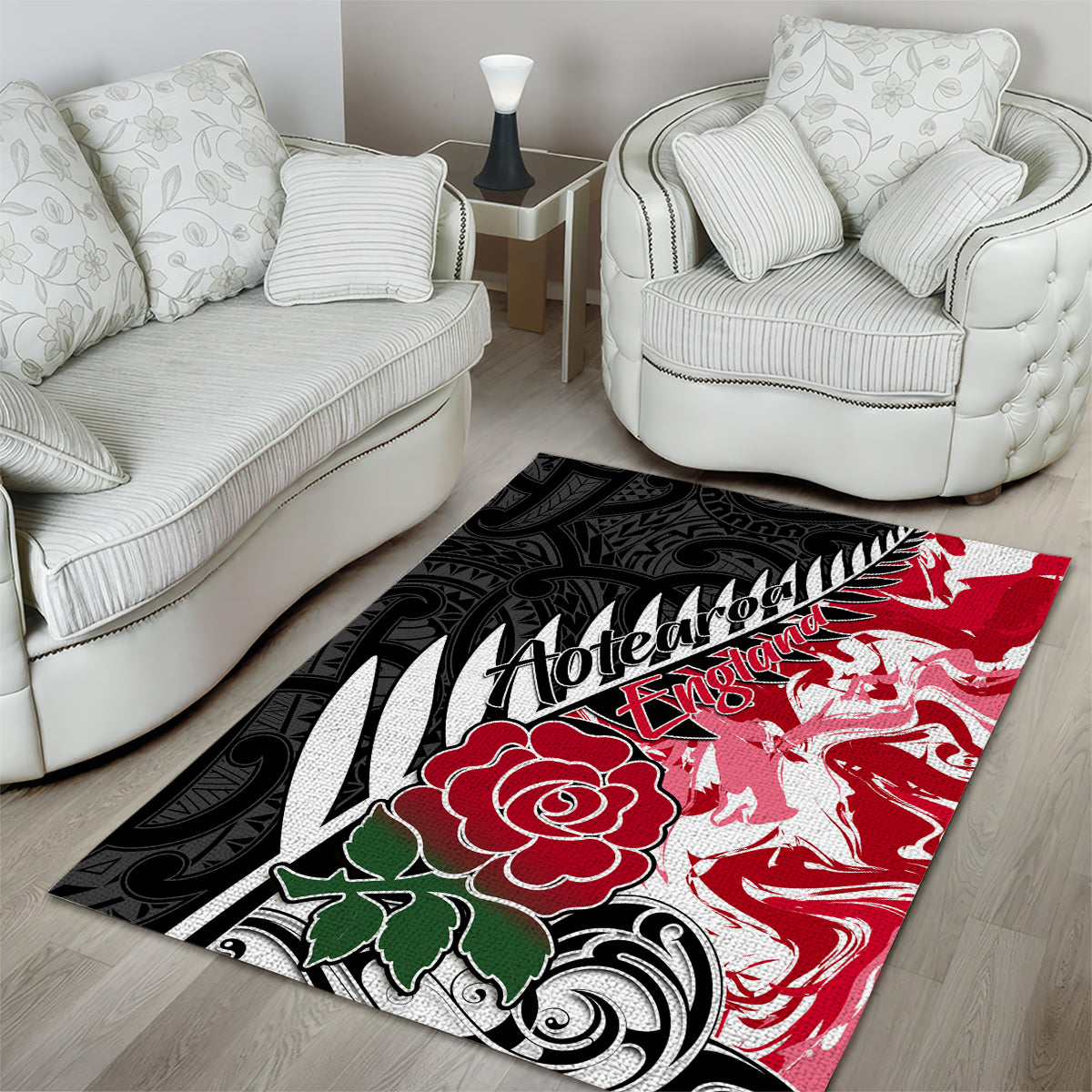 New Zealand and England Rugby Area Rug Silver Fern With Red Rose World Cup 2023 LT01 - Polynesian Pride