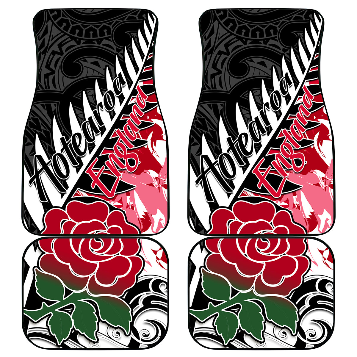 New Zealand and England Rugby Car Mats Silver Fern With Red Rose World Cup 2023 LT01 Art - Polynesian Pride