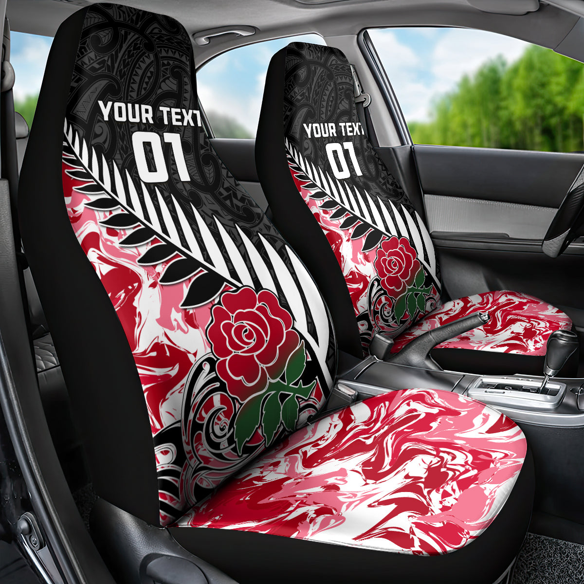New Zealand and England Rugby Car Seat Cover Silver Fern With Red Rose World Cup 2023 LT01 - Polynesian Pride