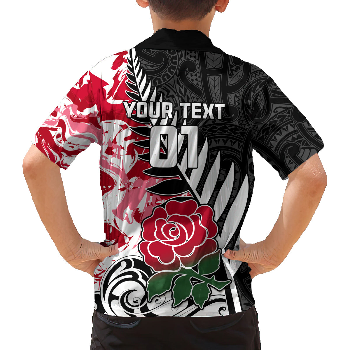 Custom New Zealand and England Rugby Family Matching Off Shoulder Long Sleeve Dress and Hawaiian Shirt Silver Fern With Red Rose World Cup 2023 LT01 - Polynesian Pride
