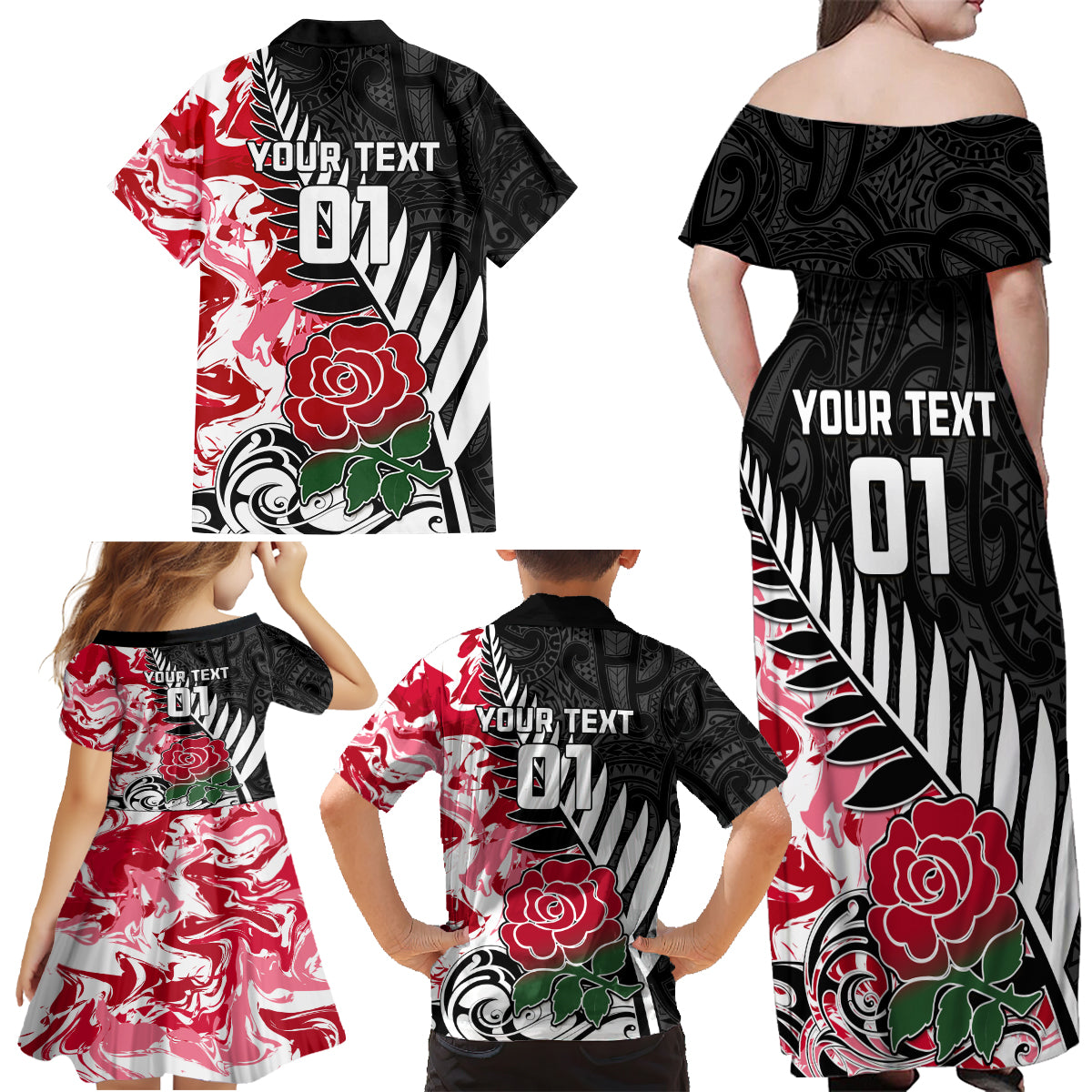 Custom New Zealand and England Rugby Family Matching Off Shoulder Maxi Dress and Hawaiian Shirt Silver Fern With Red Rose World Cup 2023 LT01 - Polynesian Pride