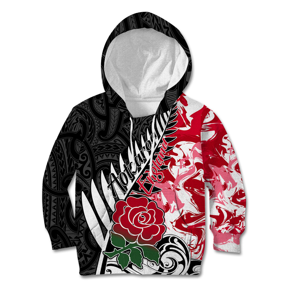 Custom New Zealand and England Rugby Kid Hoodie Silver Fern With Red Rose World Cup 2023 LT01 Art - Polynesian Pride