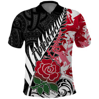 Custom New Zealand and England Rugby Polo Shirt Silver Fern With Red Rose World Cup 2023 LT01 Art - Polynesian Pride