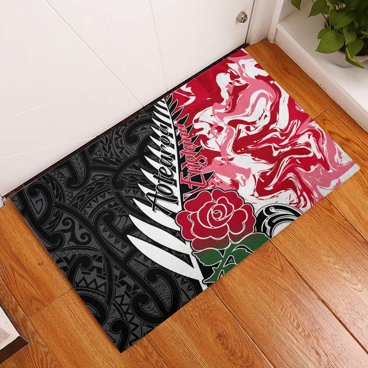 New Zealand and England Rugby Rubber Doormat Silver Fern With Red Rose World Cup 2023 LT01 Art - Polynesian Pride