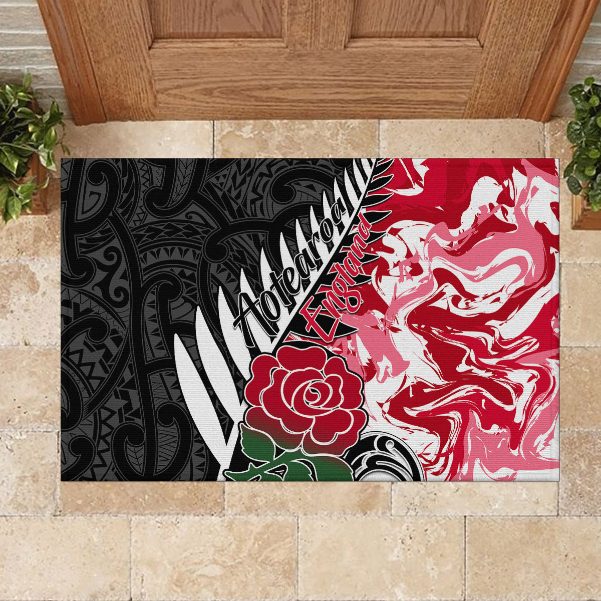 New Zealand and England Rugby Rubber Doormat Silver Fern With Red Rose World Cup 2023 LT01 - Polynesian Pride