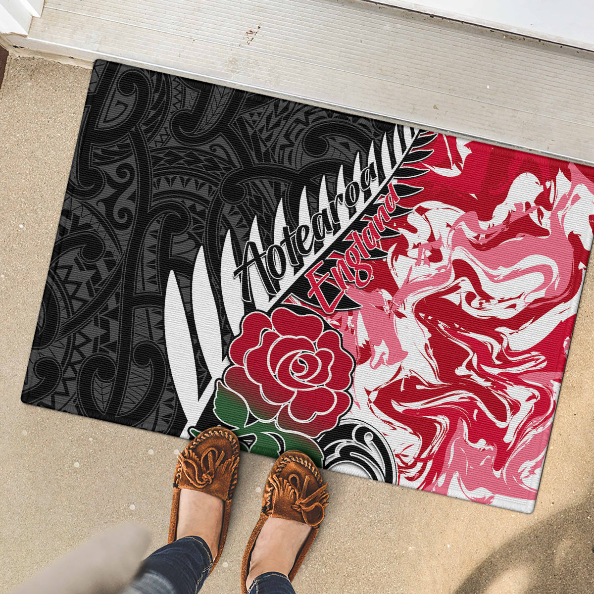 New Zealand and England Rugby Rubber Doormat Silver Fern With Red Rose World Cup 2023 LT01 - Polynesian Pride