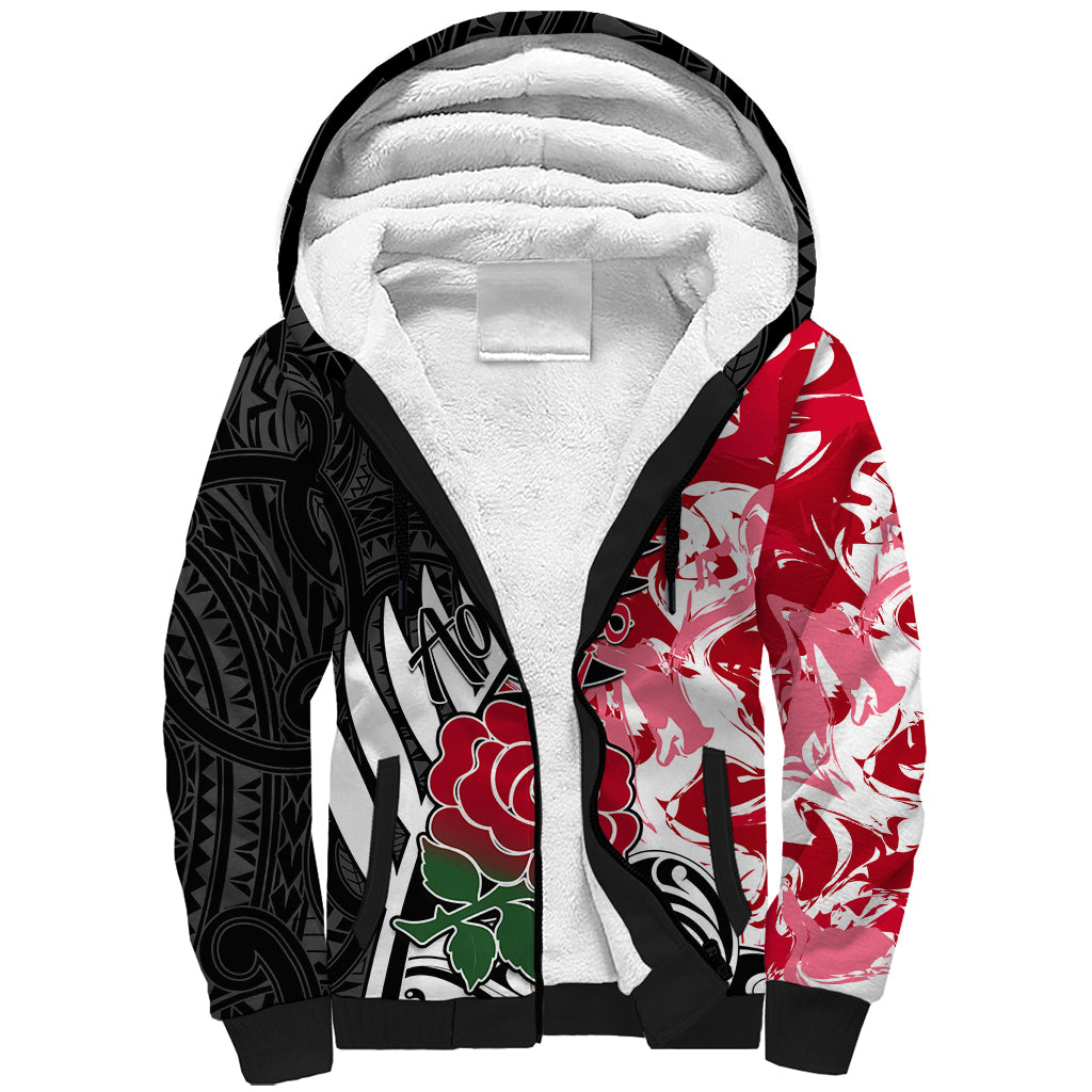 Custom New Zealand and England Rugby Sherpa Hoodie Silver Fern With Red Rose World Cup 2023 LT01 Unisex Art - Polynesian Pride