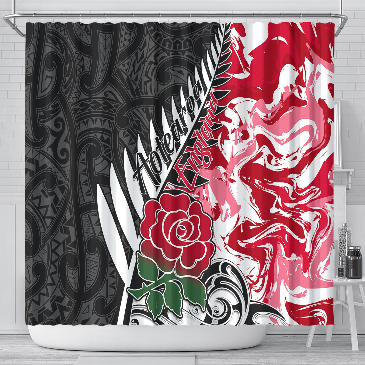New Zealand and England Rugby Shower Curtain Silver Fern With Red Rose World Cup 2023 LT01 - Polynesian Pride