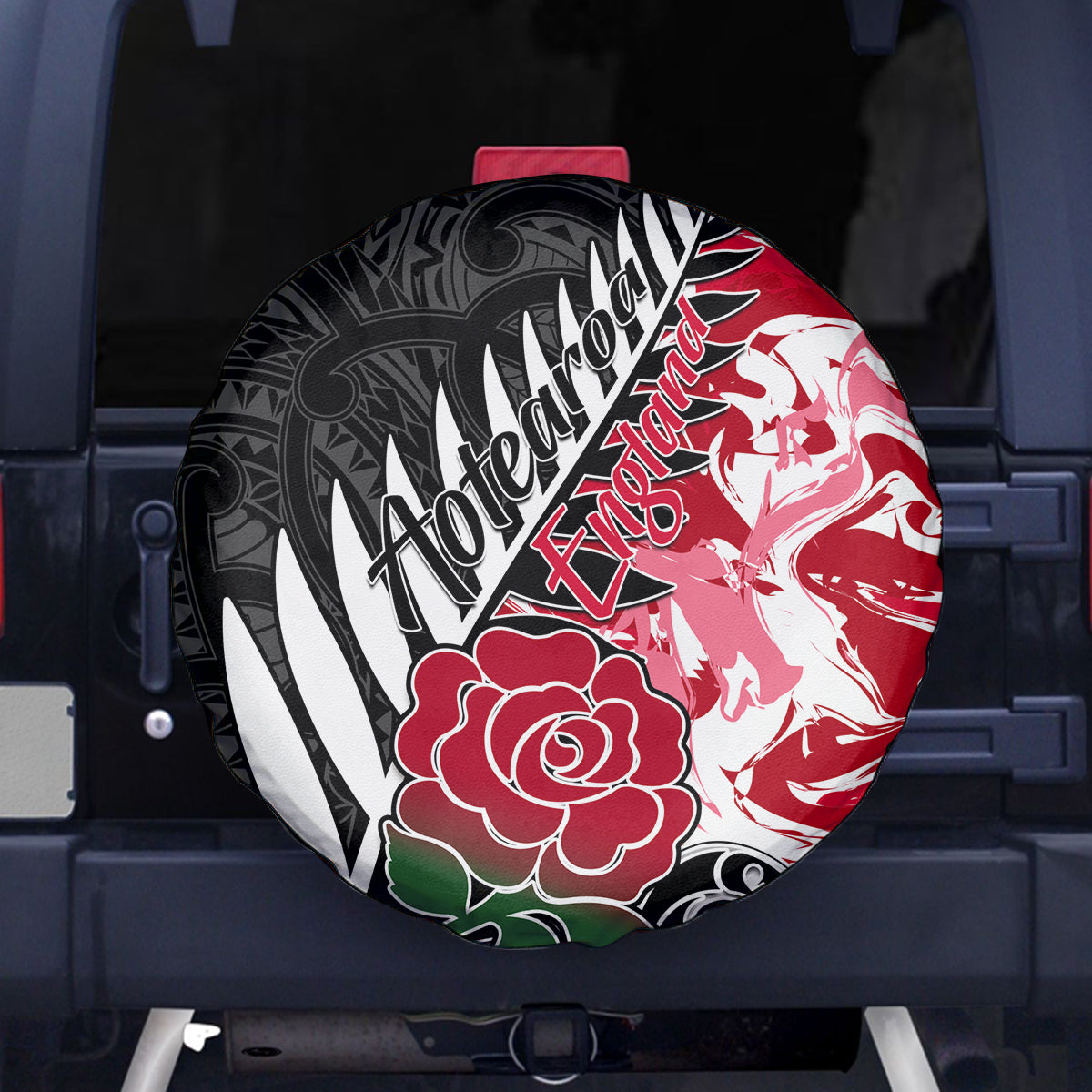 New Zealand and England Rugby Spare Tire Cover Silver Fern With Red Rose World Cup 2023 LT01 Art - Polynesian Pride