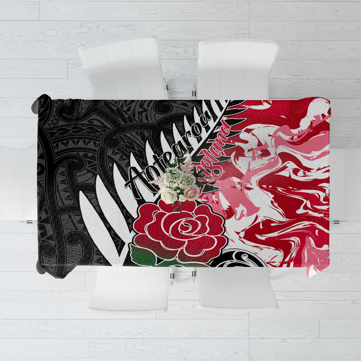 New Zealand and England Rugby Tablecloth Silver Fern With Red Rose World Cup 2023 LT01 Art - Polynesian Pride