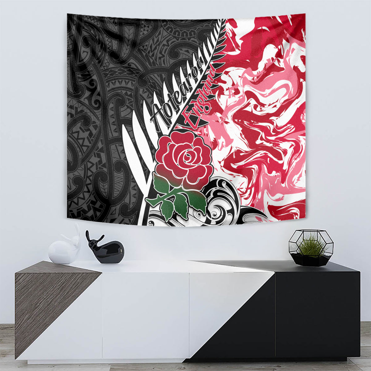 New Zealand and England Rugby Tapestry Silver Fern With Red Rose World Cup 2023 LT01 - Polynesian Pride
