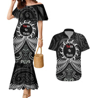 Personalised Toitu Te Tiriti Aotearoa Silver Fern Couples Matching Mermaid Dress and Hawaiian Shirt New Zealand Maori Pattern LT01 Black - Polynesian Pride