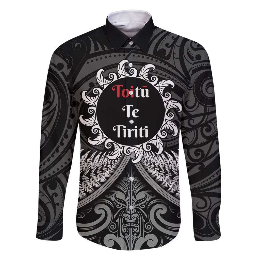 Personalised Toitu Te Tiriti Aotearoa Silver Fern Family Matching Long Sleeve Bodycon Dress and Hawaiian Shirt New Zealand Maori Pattern LT01 Dad's Shirt - Long Sleeve Black - Polynesian Pride