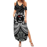 Personalised Toitu Te Tiriti Aotearoa Silver Fern Family Matching Summer Maxi Dress and Hawaiian Shirt New Zealand Maori Pattern LT01 Mom's Dress Black - Polynesian Pride