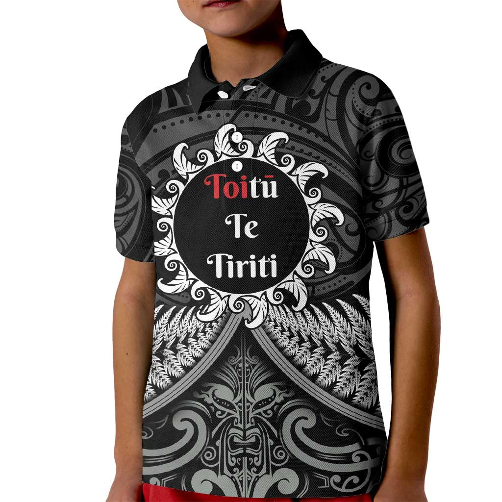 Personalised Toitu Te Tiriti Aotearoa Silver Fern Kid Polo Shirt New Zealand Maori Pattern LT01 Kid Black - Polynesian Pride