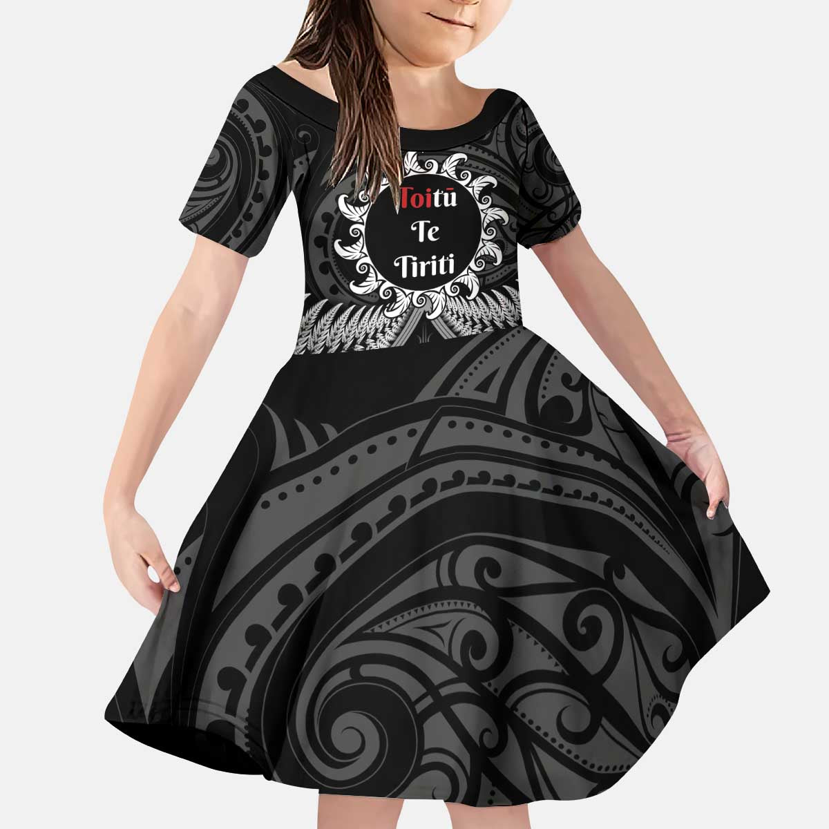 Personalised Toitu Te Tiriti Aotearoa Silver Fern Kid Short Sleeve Dress New Zealand Maori Pattern