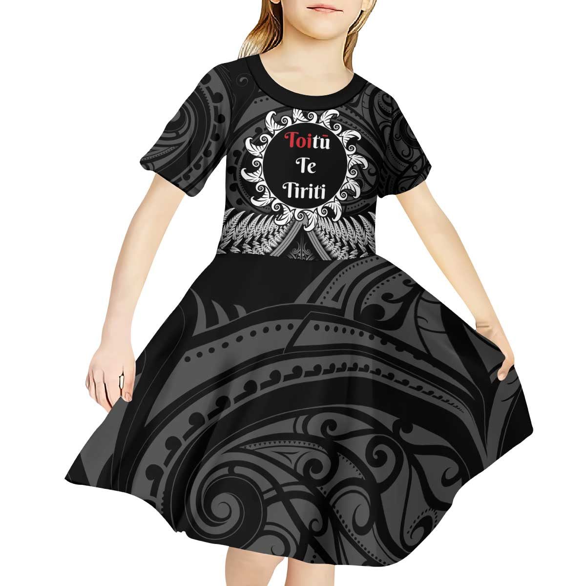 Personalised Toitu Te Tiriti Aotearoa Silver Fern Kid Short Sleeve Dress New Zealand Maori Pattern