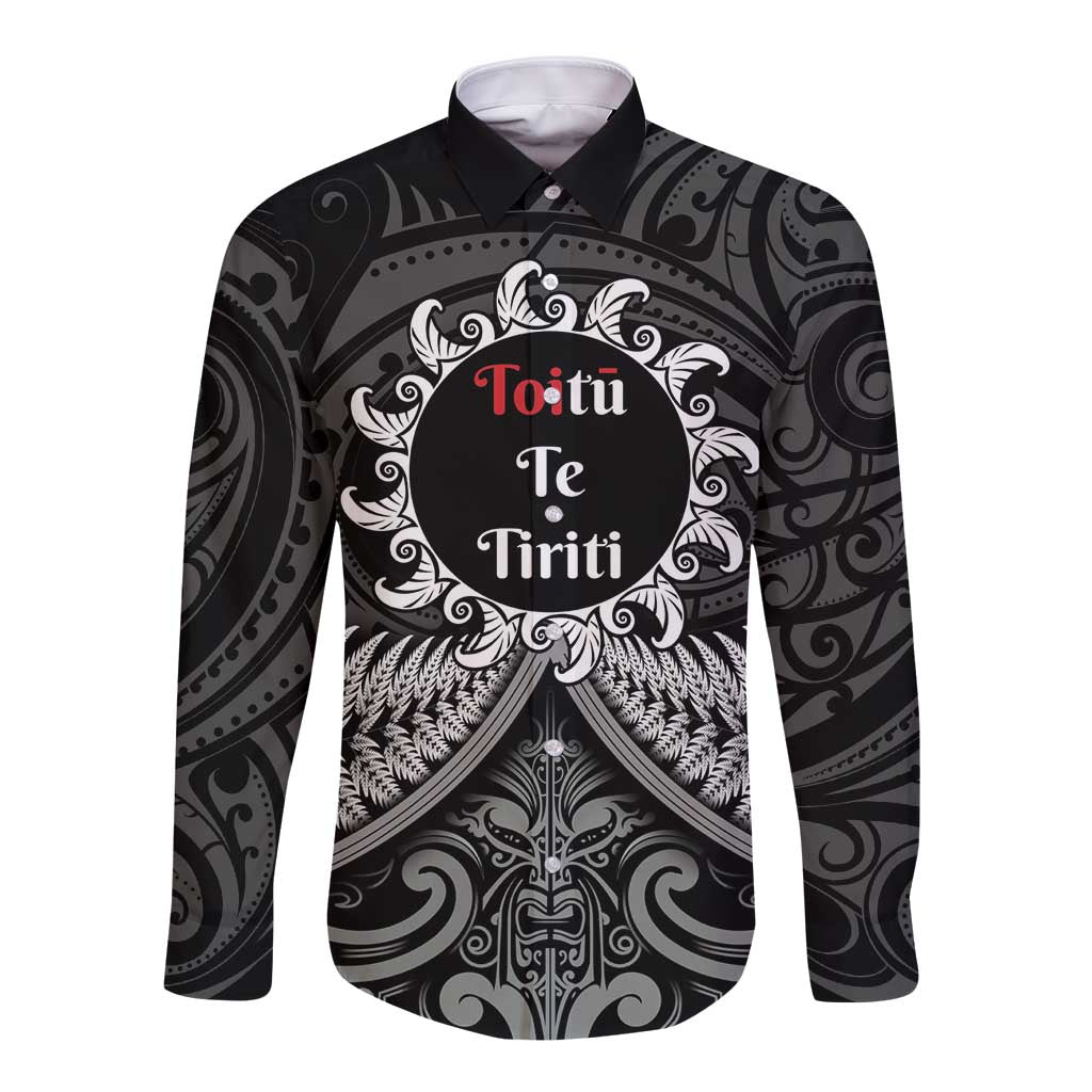 Personalised Toitu Te Tiriti Aotearoa Silver Fern Long Sleeve Button Shirt New Zealand Maori Pattern LT01 Unisex Black - Polynesian Pride