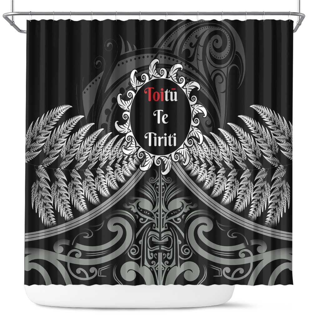 Toitu Te Tiriti Aotearoa Silver Fern Shower Curtain New Zealand Maori Pattern LT01 Black - Polynesian Pride