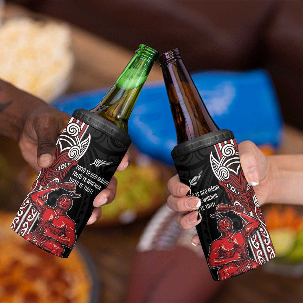 Toitu Te Reo Maori Toitu Te Whenua Toitu Te Tiriti 4 in 1 Can Cooler Tumbler Maori Warrior