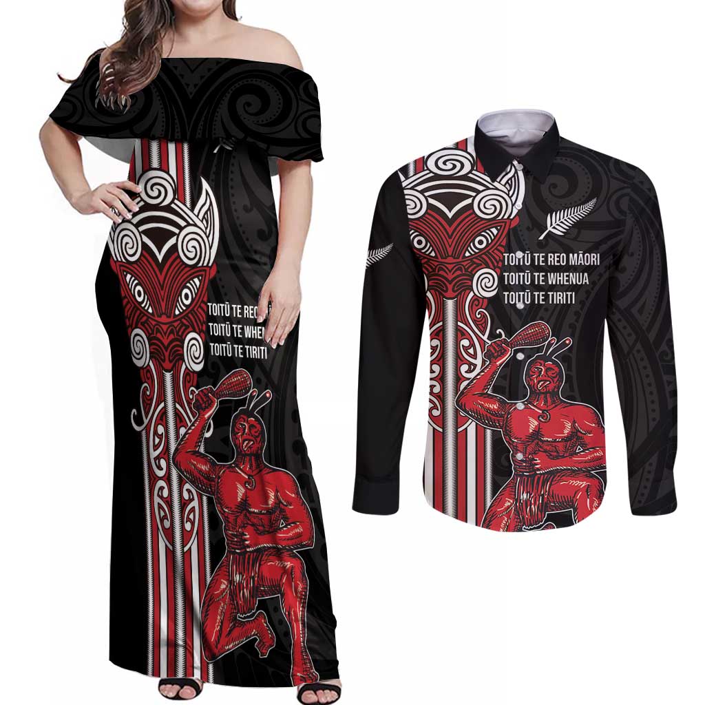 Toitu Te Reo Maori Toitu Te Whenua Toitu Te Tiriti Couples Matching Off Shoulder Maxi Dress and Long Sleeve Button Shirt Maori Warrior New Zealand