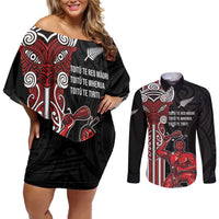 Toitu Te Reo Maori Toitu Te Whenua Toitu Te Tiriti Couples Matching Off Shoulder Short Dress and Long Sleeve Button Shirt Maori Warrior New Zealand