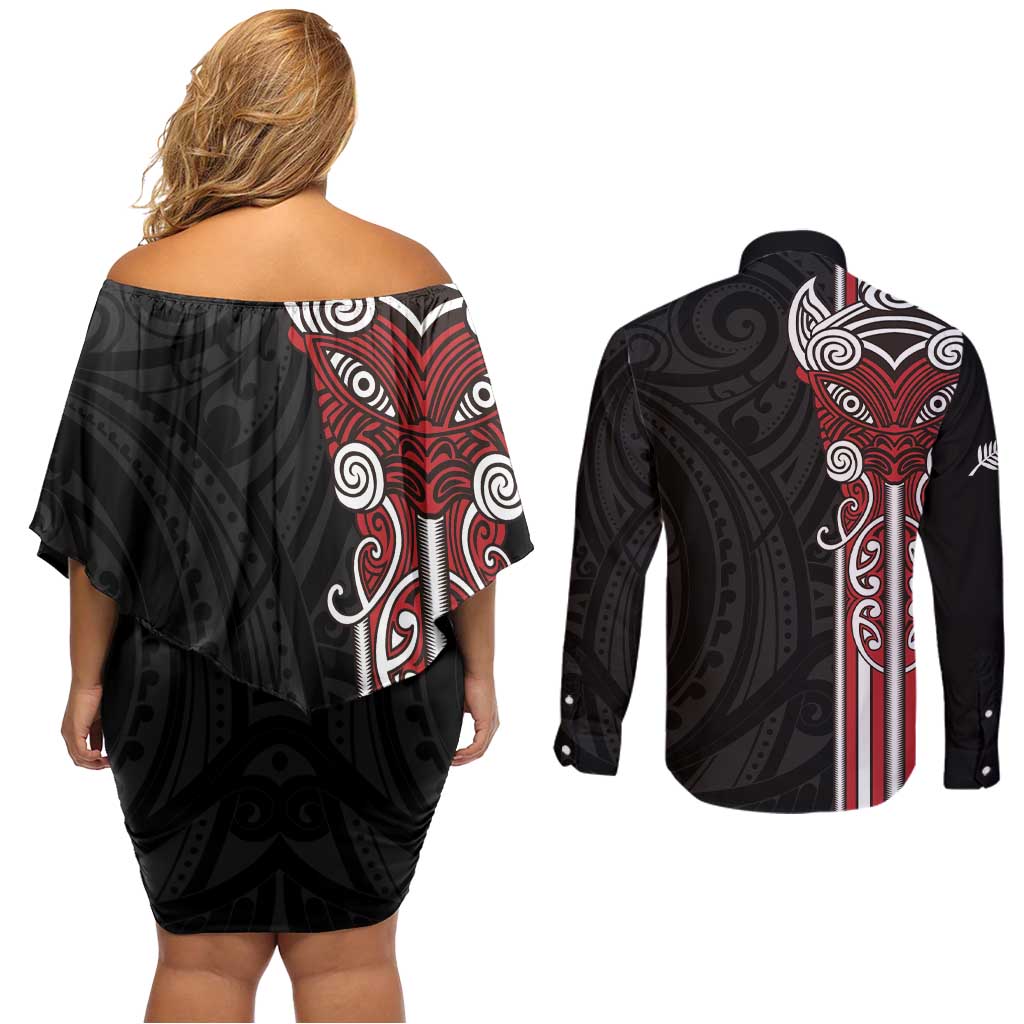 Toitu Te Reo Maori Toitu Te Whenua Toitu Te Tiriti Couples Matching Off Shoulder Short Dress and Long Sleeve Button Shirt Maori Warrior New Zealand