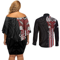 Toitu Te Reo Maori Toitu Te Whenua Toitu Te Tiriti Couples Matching Off Shoulder Short Dress and Long Sleeve Button Shirt Maori Warrior New Zealand