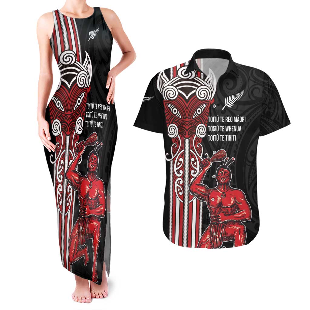 Toitu Te Reo Maori Toitu Te Whenua Toitu Te Tiriti Couples Matching Tank Maxi Dress and Hawaiian Shirt Maori Warrior New Zealand LT01 Black - Polynesian Pride