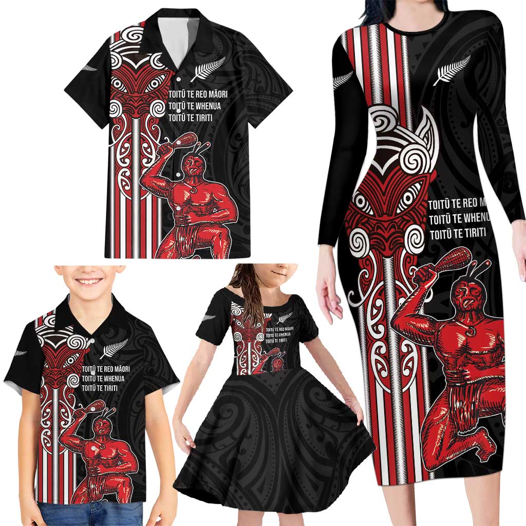 Toitu Te Reo Maori Toitu Te Whenua Toitu Te Tiriti Family Matching Long Sleeve Bodycon Dress and Hawaiian Shirt Maori Warrior New Zealand LT01 - Polynesian Pride