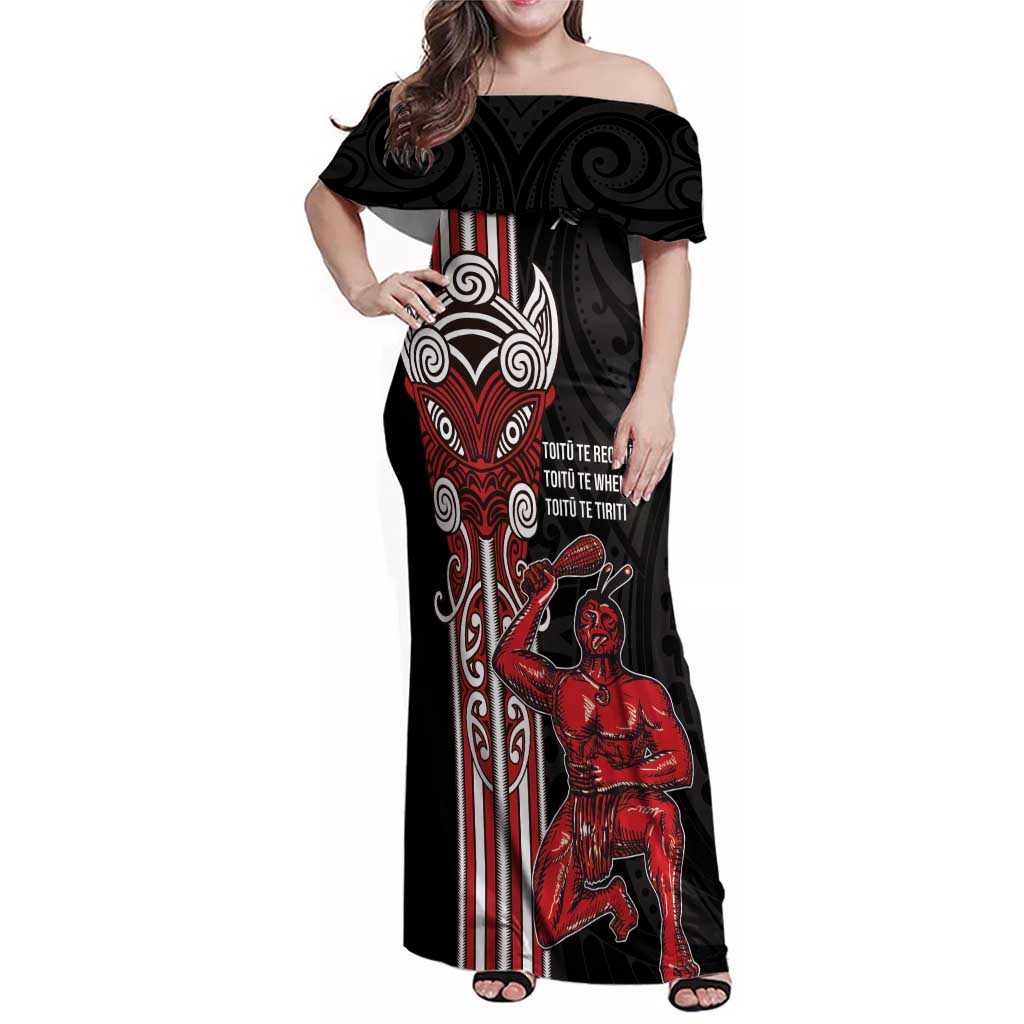 Toitu Te Reo Maori Toitu Te Whenua Toitu Te Tiriti Family Matching Off Shoulder Maxi Dress and Hawaiian Shirt Maori Warrior New Zealand LT01 Mom's Dress Black - Polynesian Pride